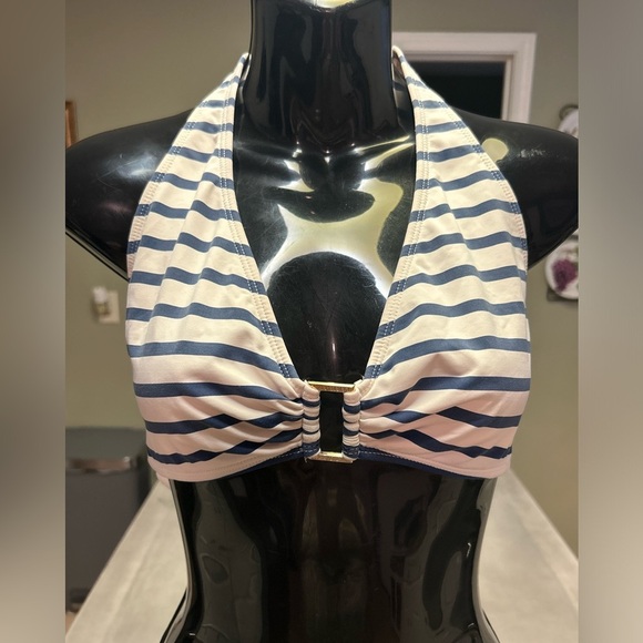 Lauren Ralph Lauren Blue Striped Halter-Neck Bikini Top, Size 14 - Picture 2 of 5